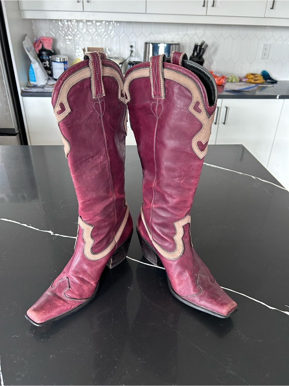 Nine West Burgundy Tan Western Cowboy Boots Heart Pull Straps Heeled Leather